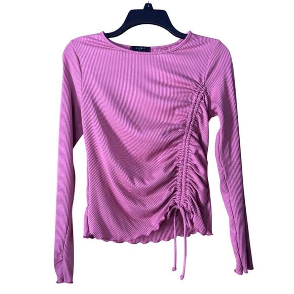 Pink Ribbed Long Sleeve Ruched Drawstring Adjustable Side Lettuce Hem Knit Y2K - Picture 1 of 5